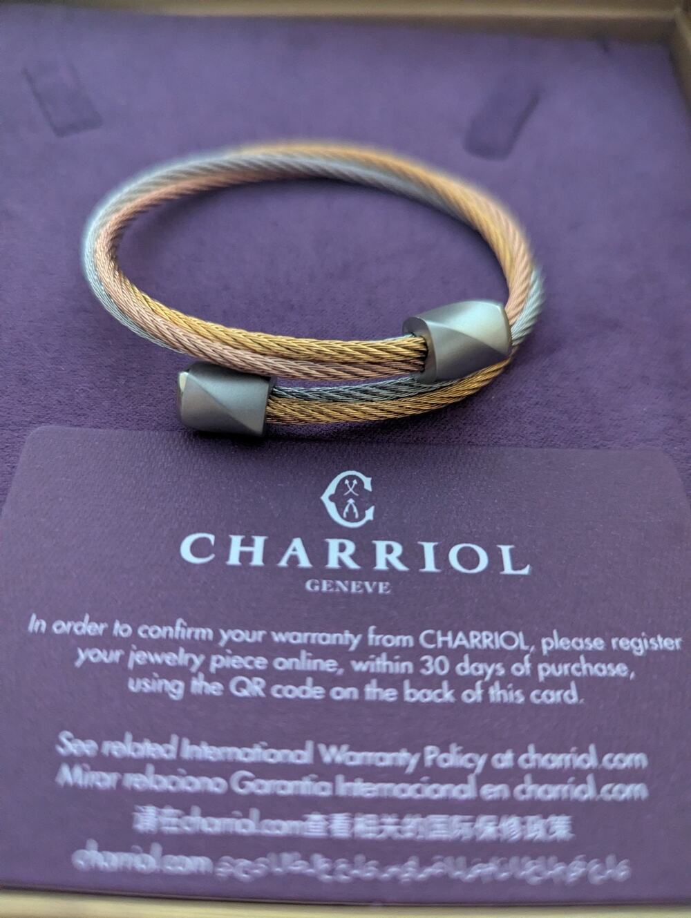 Charriol Twist 3-Tone Steel PVD Celtic Triquetra Bangle Bracelet New NIB